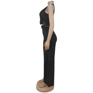 Detail of black V-neck crop top side buckle and high waist wide leg pants set