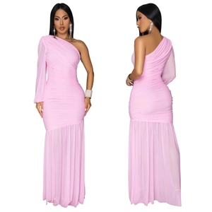 Detailed views of a pink one-shoulder mesh dress featuring ruched body and sheer long skirt
