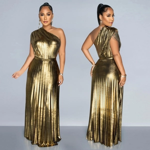 Detail view of elegant gold metallic pleated one-shoulder dress with a cinched waist design