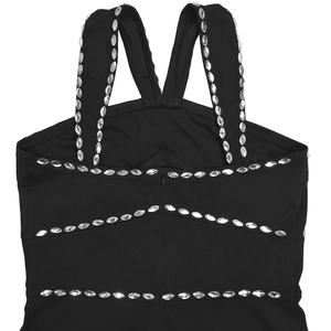 Detail of elegant black dress showing rhinestone straps and back invisible zipper