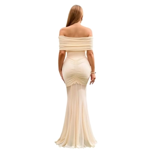 Elegant off-shoulder mesh long dress with bodycon fishtail hem and pleated detail back