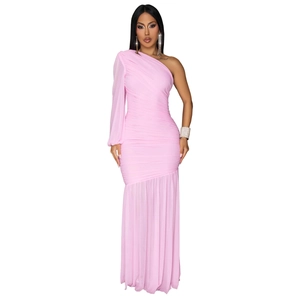 Detailed ruched texture and sheer mesh fabric on a pink one-shoulder formal evening dress