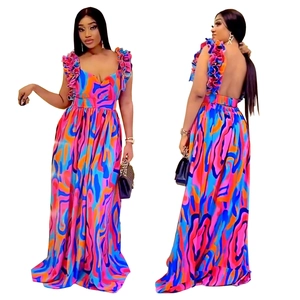 Elegant floral print maxi dress with ruffle straps and open back design shown in dual views