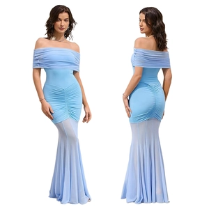 Front and back view of light blue off-shoulder mesh dress with ruching and fishtail hem