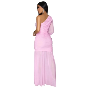Detail of elegant pink one-shoulder ruched mesh dress with slim fit and floor-length hem