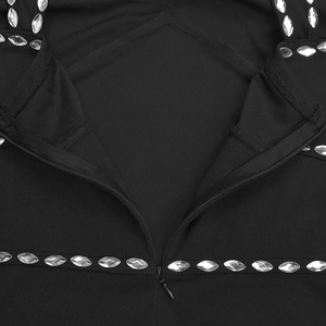 Detailed macro view of black strap dress with marquise rhinestones and hidden back zipper