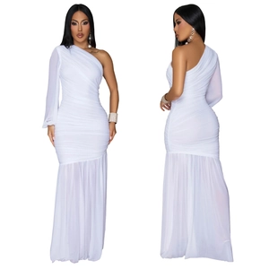Detailed front and side view of elegant white ruched one-shoulder mesh maxi dress