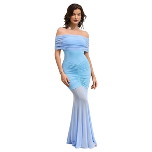 Detail of light blue off-shoulder mermaid dress with ruched bodice and sheer mesh hem