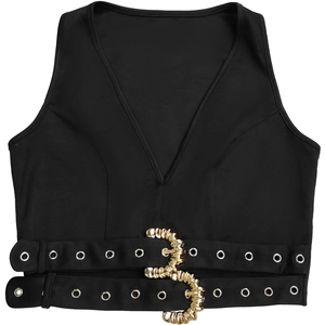 Detail of black V-neck top showing double belts with eyelets and golden spiral buckle
