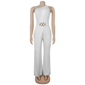 Detail of white one-shoulder jumpsuit featuring a gold buckle belt and elegant draped fabric