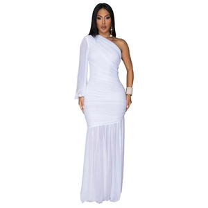 Macro shot of white one-shoulder mesh dress featuring pleated texture and fishtail hemline