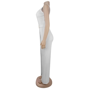 Elegant white sleeveless jumpsuit for women with side view on a fashion mannequin