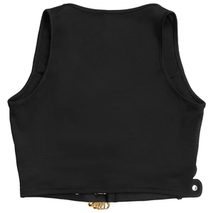 Detail of black crop top back view featuring metal buckles and elastic knit fabric texture