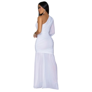Detail of the white one-shoulder maxi dress featuring elegant horizontal ruching design