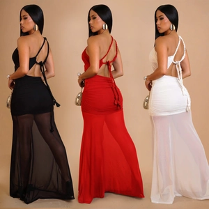Sexy backless mesh maxi dress with halter rope straps in black, red, and white colors