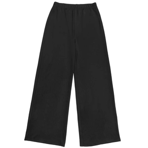 Detail of high-waist elasticated waistband on black wide-leg knitted trousers
