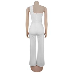 Detailed back view of white one-shoulder jumpsuit with wide strap and hidden zipper