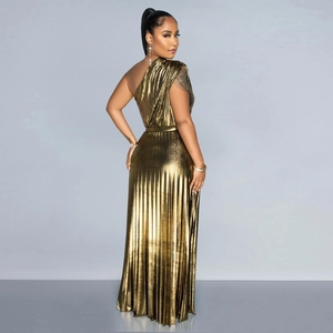 Detail view of the shimmering gold metallic pleats on this elegant one-shoulder evening gown