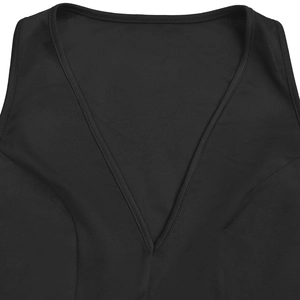 Detailed close-up of a black deep V-neck sleeveless top with sleek minimalist knit texture