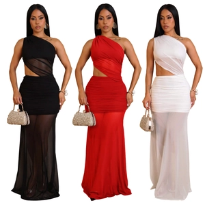 Sexy one-shoulder ruched mesh maxi dress with waist cut-outs in black, red and white