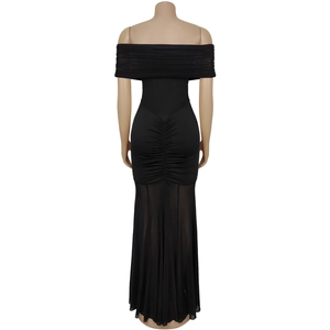 Detail of black off-the-shoulder ruched dress with slimming fishtail silhouette