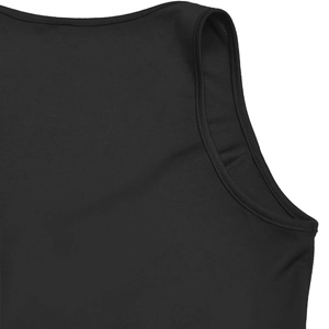 Detail of black V-neck top showing high-quality double-stitch hem and jersey fabric texture