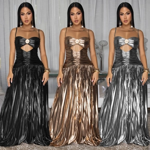 Women Sexy Metallic Pleated Maxi Dress Elegant Spaghetti Straps Hollow Out Shiny Prom Banquet Party Long Evening Dress