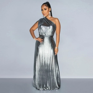 Detail of silver metallic pleated fabric on a one-shoulder elegant maxi dress for women