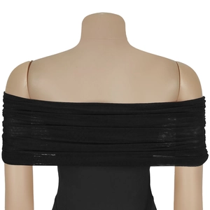 Detail view of the black off-shoulder mesh dress showing horizontal pleated fabric texture