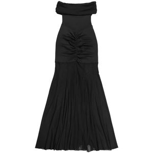 Detail of ruched black off-shoulder bodice and flowing mesh skirt on a maxi dress