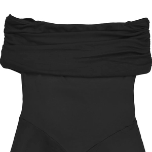Detailed view of the layered mesh ruffles on the elegant black off-shoulder dress