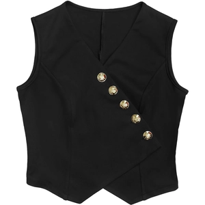 Détail du gilet noir classique avec boutons dorés diagonaux et décolleté en V élégant