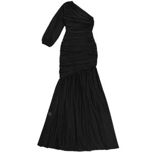 Detailed view of black one-shoulder mesh dress with long sleeve and ruched fabric detail