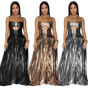 Elegant metallic pleated maxi dress with spaghetti straps and chest cutout in three colors