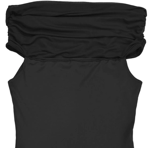 Close-up of black off-shoulder mesh neckline with ruched details on a women dress