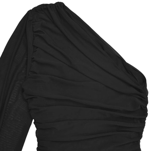 Close-up of black mesh fabric with elegant horizontal pleats and ruching details