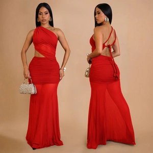 Detail view of red one-shoulder ruched dress with side cut-out and lace-up back design