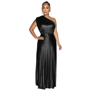 Detailed view of the pleated fabric texture and shimmering finish on the black one-shoulder dress