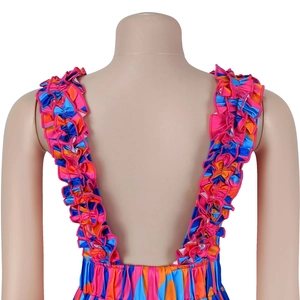 Detail of ruffle straps and open back design on vibrant geometric print dress