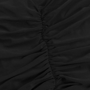 Detailed close-up of the black mesh fabric with elegant ruched design and fine texture