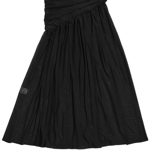 Close-up of black mesh dress featuring elegant ruched texture and layered sheer fabric