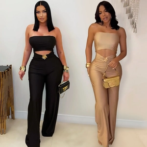 Women Strapless Wide Leg Jumpsuit High Waist Slim Fit Satin Finish With Metal Buckle Elegant Summer Party Clubwear One Piece Outfits