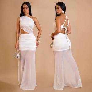 Detail view of white one-shoulder dress featuring waist cut-outs and sheer mesh hemline