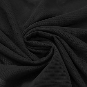 Detail of black sheer mesh fabric with fine grid texture and soft drape for women dress