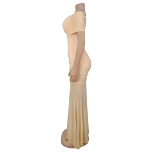 Detail view of ruched apricot off-shoulder evening dress with elegant fishtail silhouette