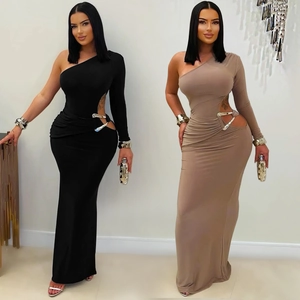 Damen Ein Schulter Ausschnitt Maxi Kleid Elegant Sexy Einzellangarm Körperbetont Abend Party Kleid Metallschnalle Einfarbig Kleid