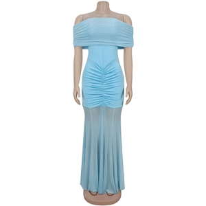 Detail view of light blue off-shoulder dress with ruched body and sheer mesh mermaid hem