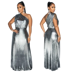 Elegant silver metallic pleated evening gown with one-shoulder design and a-line silhouette