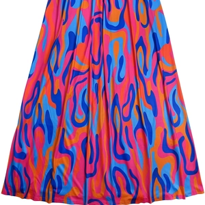 Detailed macro shot showing the psychedelic wave print fabric texture of the floral dress