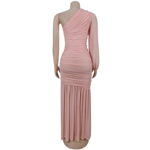 Detailed back view of a pink one-shoulder ruched mesh maxi dress on a mannequin
